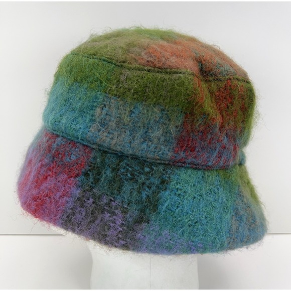 WOMEN\'S Mohair Bucket Hat Handmade OSFM Soft Rainbow Plaid Satin Lined Fuzzy Hat main image 8